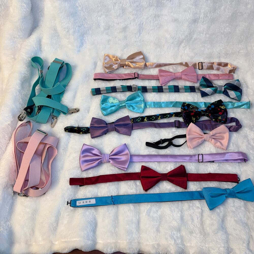 Bundle Lot 10 Pre-Tied Bow Ties & 2 Sets Suspenders